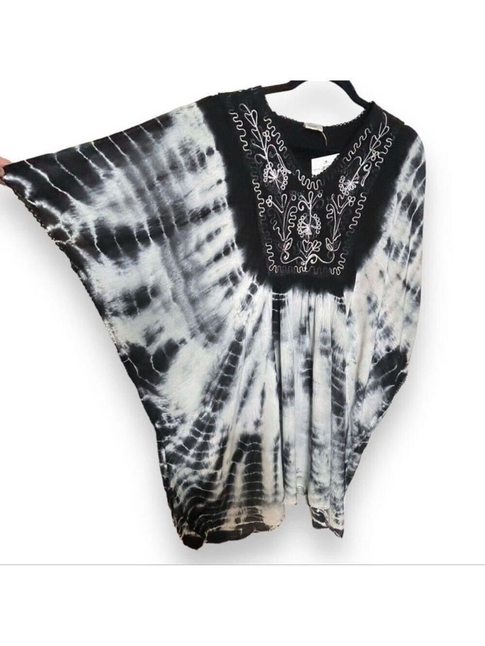 Tie Dye Beach Coverup Black & White OS (M/L) Blouse Caftan/Kaftan Poncho style - Picture 5 of 7